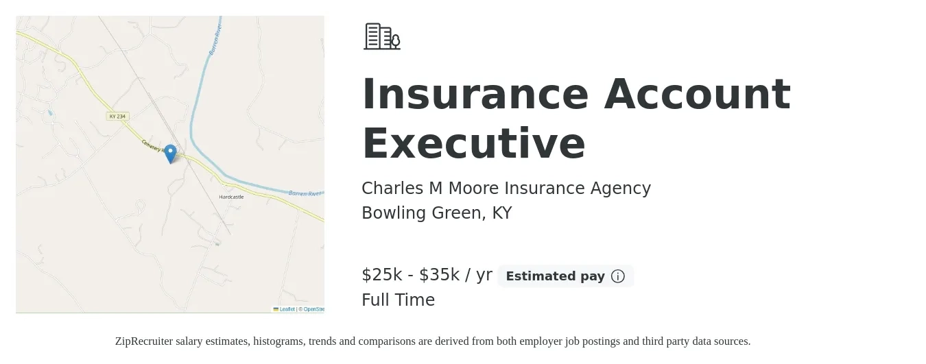 Charles M Moore Insurance Agency job posting for a Insurance Account Executive in Bowling Green, KY with a salary of $25,000 to $35,000 Yearly with a map of Bowling Green location.