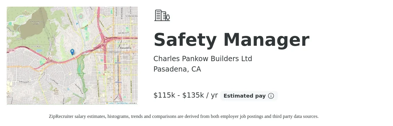 Charles Pankow Builders Ltd job posting for a Safety Manager in Pasadena, CA with a salary of $115,000 to $135,000 Yearly with a map of Pasadena location.
