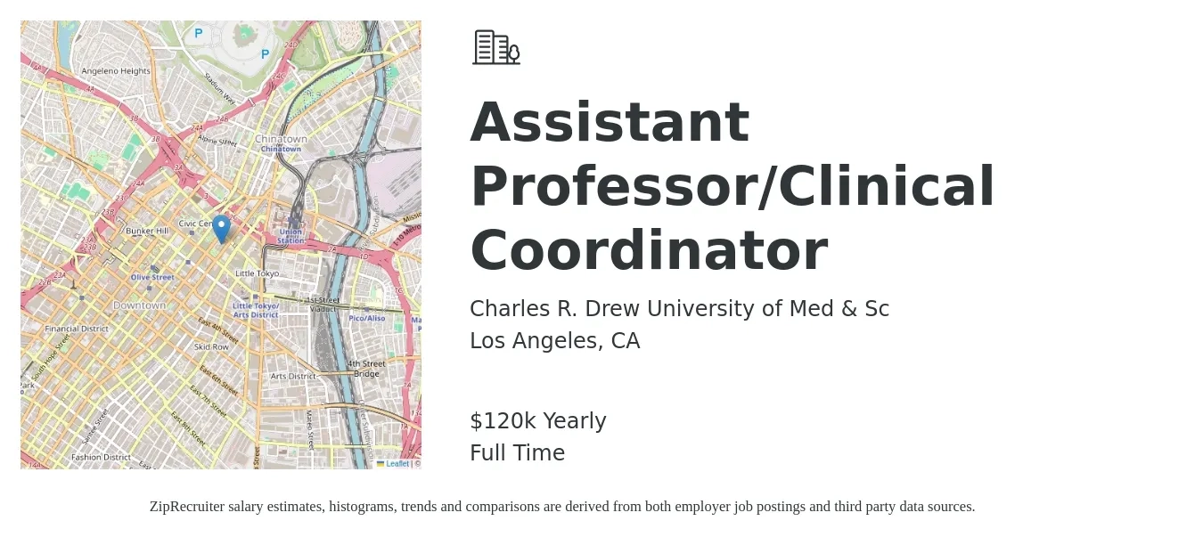 Charles R. Drew University of Med & Sc job posting for a Assistant Professor/Clinical Coordinator in Los Angeles, CA with a salary of $120,000 Yearly with a map of Los Angeles location.