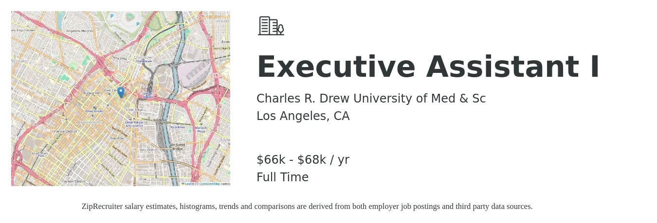 Charles R. Drew University of Med & Sc job posting for a Executive Assistant I in Los Angeles, CA with a salary of $66,560 to $68,000 Yearly with a map of Los Angeles location.
