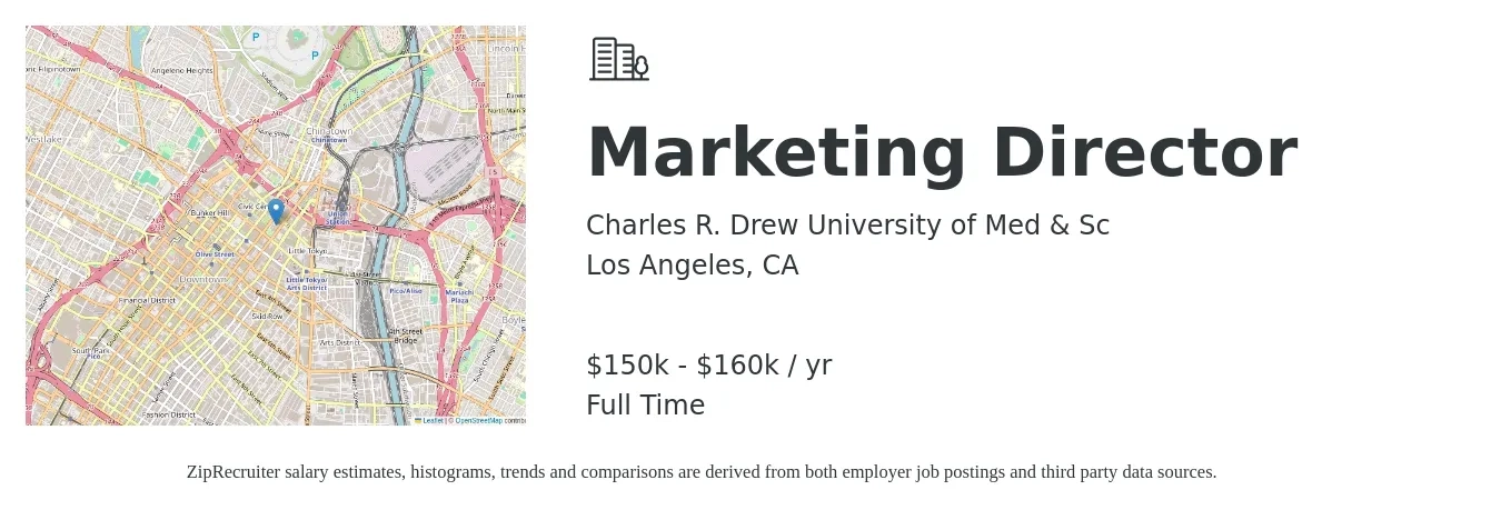 Charles R. Drew University of Med & Sc job posting for a Marketing Director in Los Angeles, CA with a salary of $150,000 to $160,000 Yearly with a map of Los Angeles location.