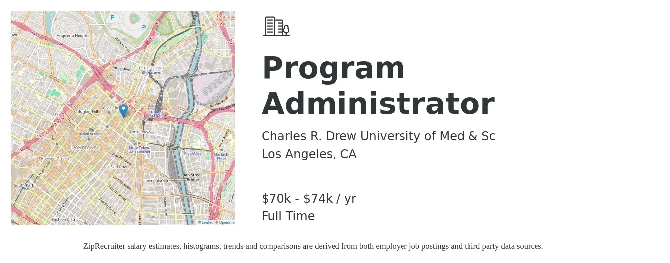 Charles R. Drew University of Med & Sc job posting for a Program Administrator in Los Angeles, CA with a salary of $70,000 to $74,000 Yearly with a map of Los Angeles location.