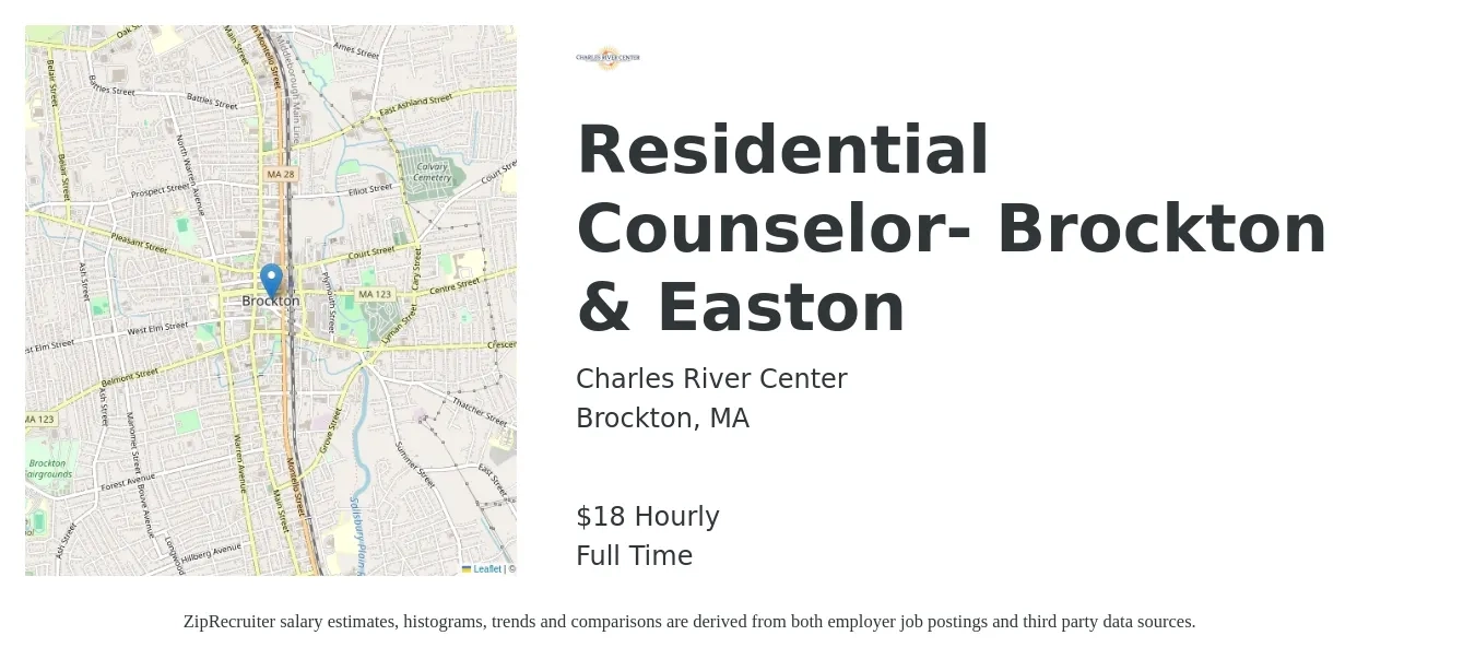 Charles River Center job posting for a Residential Counselor- Brockton & Easton in Brockton, MA with a salary of $19 Hourly with a map of Brockton location.