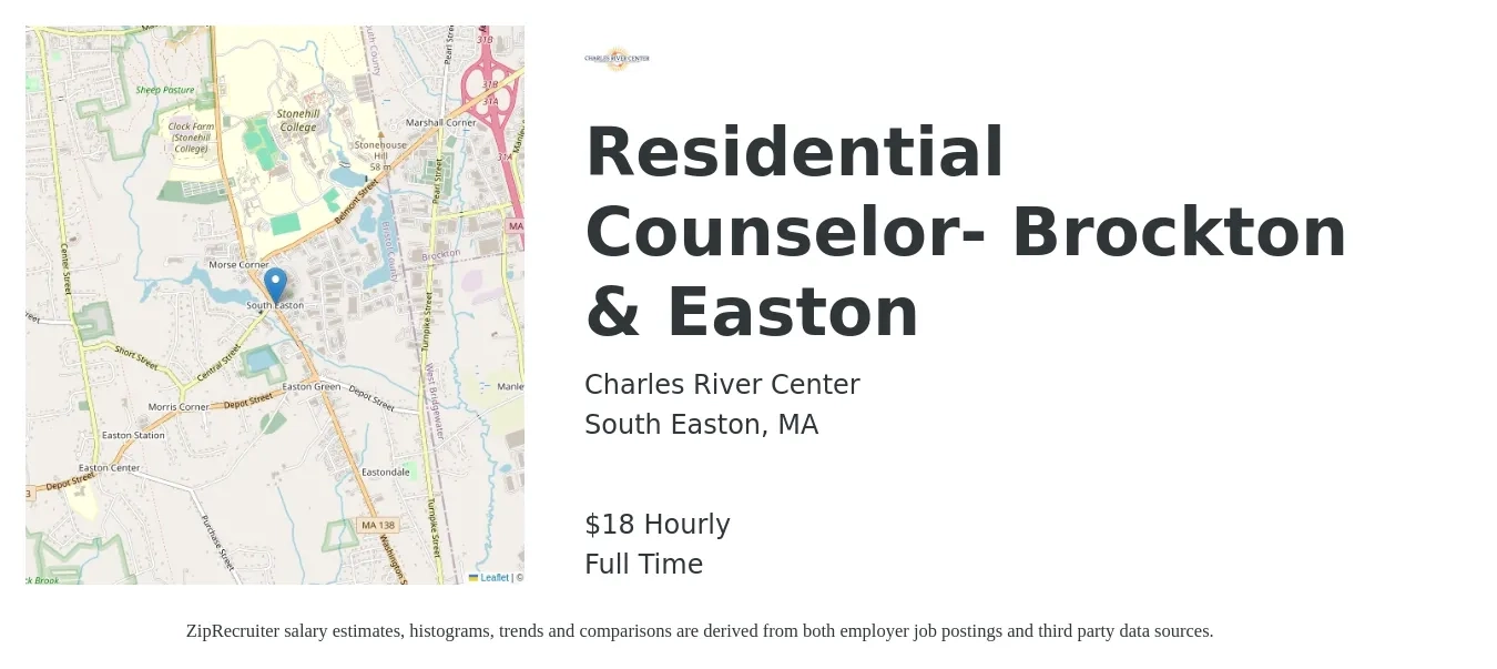 Charles River Center job posting for a Residential Counselor- Brockton & Easton in South Easton, MA with a salary of $19 Hourly with a map of South Easton location.