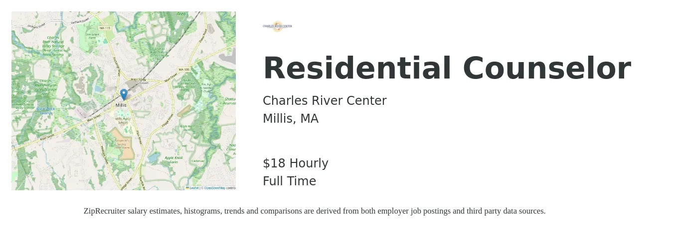 Charles River Center job posting for a Residential Counselor in Millis, MA with a salary of $19 Hourly with a map of Millis location.
