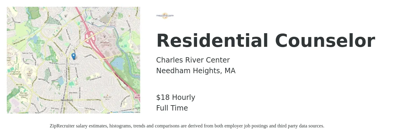 Charles River Center job posting for a Residential Counselor in Needham Heights, MA with a salary of $19 Hourly with a map of Needham Heights location.