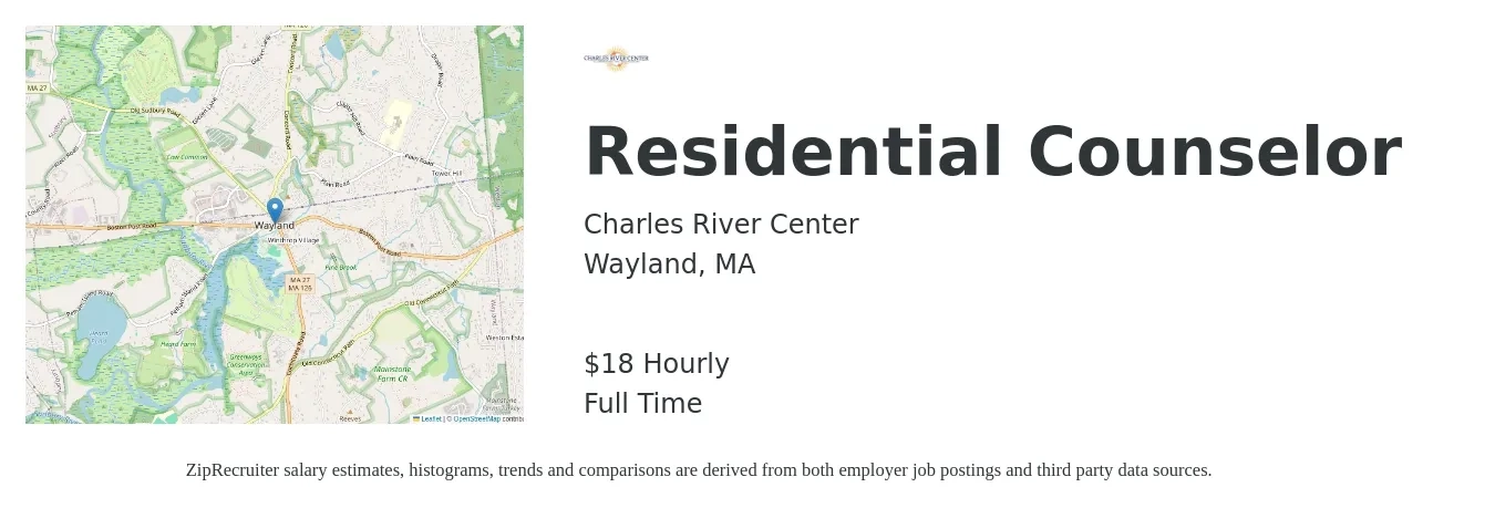 Charles River Center job posting for a Residential Counselor in Wayland, MA with a salary of $19 Hourly with a map of Wayland location.