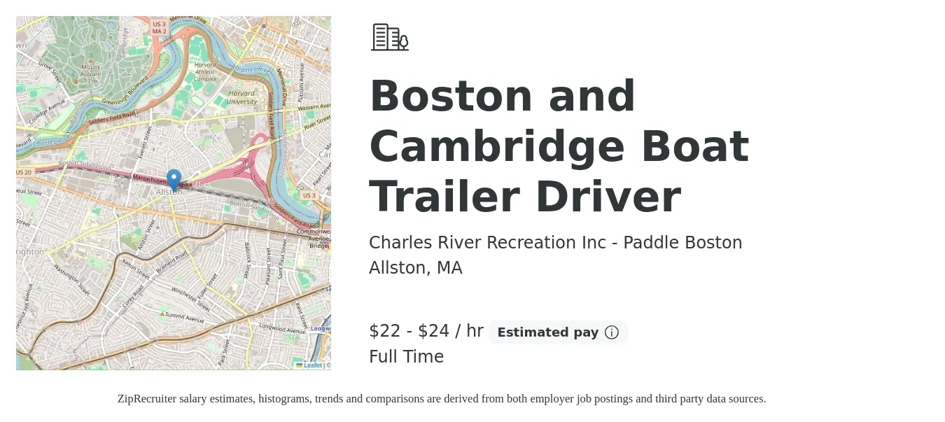 Charles River Recreation Inc - Paddle Boston job posting for a Boston and Cambridge Boat Trailer Driver in Allston, MA with a salary of $23 to $25 Hourly with a map of Allston location.