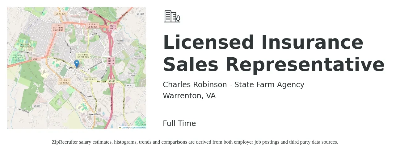 Charles Robinson - State Farm Agency job posting for a Licensed Insurance Sales Representative in Warrenton, VA with a salary of $45,100 to $111,700 Yearly with a map of Warrenton location.