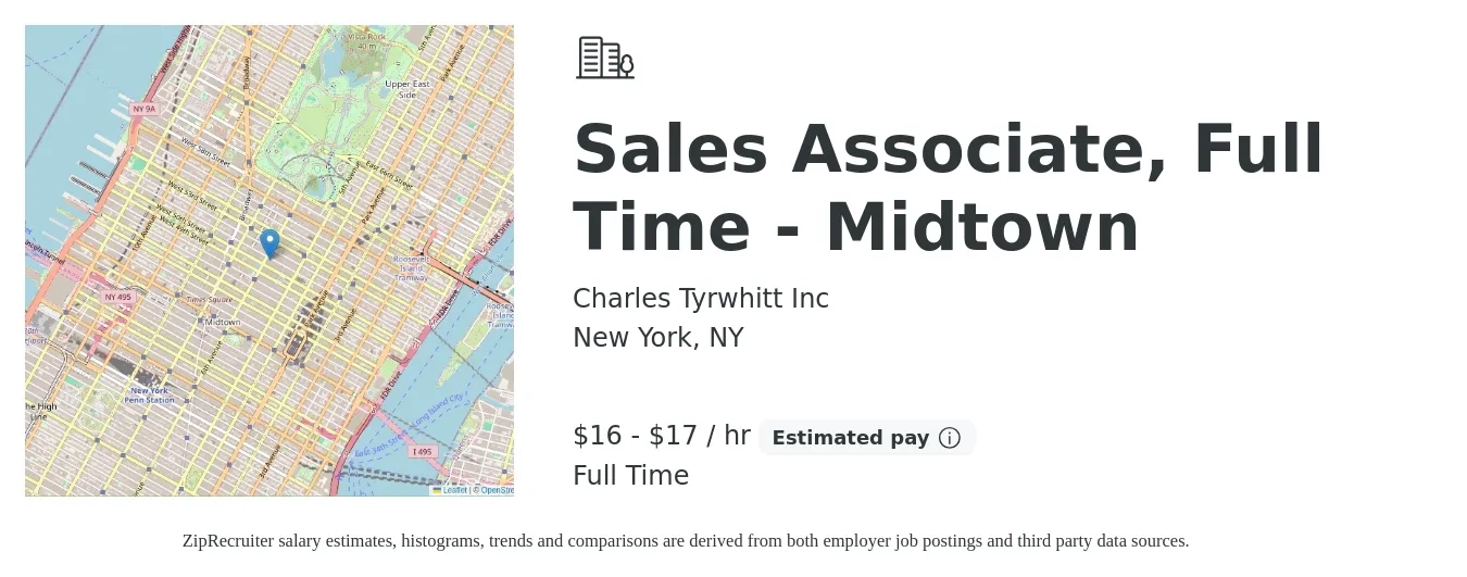 Charles Tyrwhitt Inc job posting for a Sales Associate, Full Time - Midtown in New York, NY with a salary of $17 to $18 Hourly with a map of New York location.