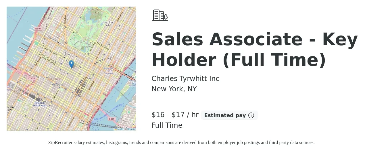 Charles Tyrwhitt Inc job posting for a Sales Associate - Key Holder (Full Time) in New York, NY with a salary of $17 to $18 Hourly with a map of New York location.