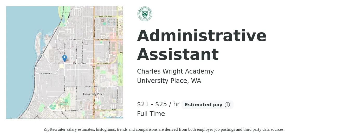 Charles Wright Academy job posting for a Administrative Assistant in University Place, WA with a salary of $22 to $26 Hourly with a map of University Place location.