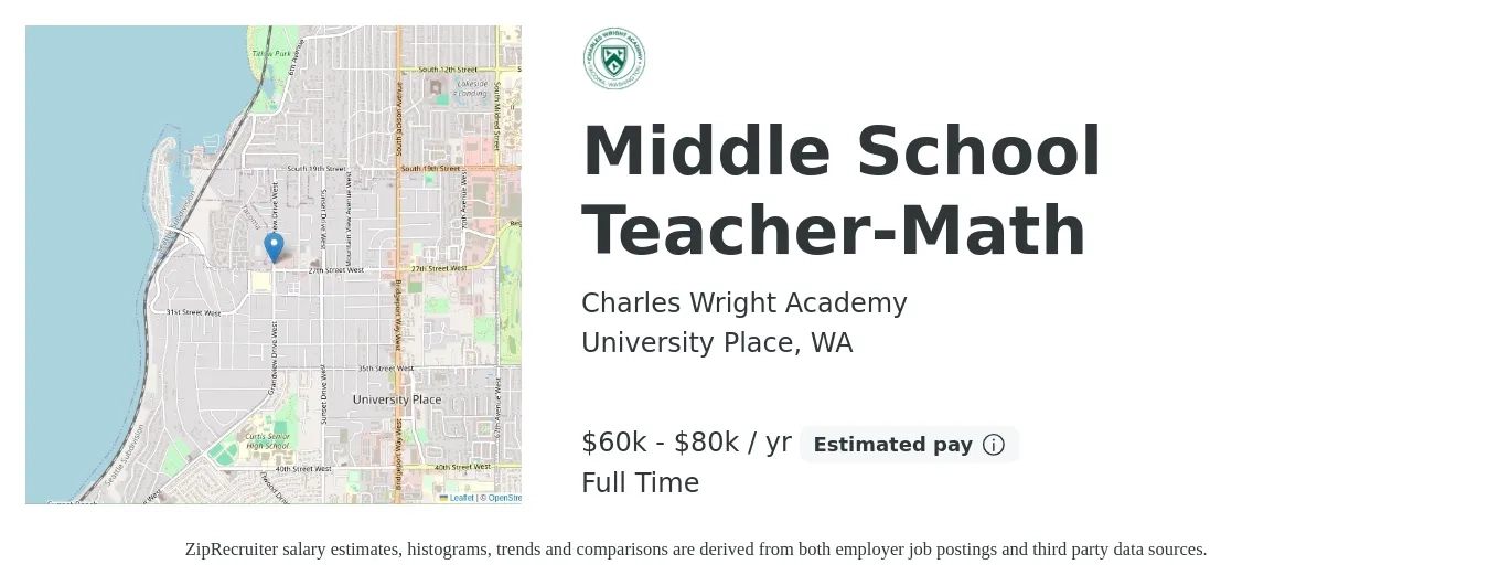 Charles Wright Academy job posting for a Middle School Teacher-Math in University Place, WA with a salary of $60,000 to $80,000 Yearly with a map of University Place location.
