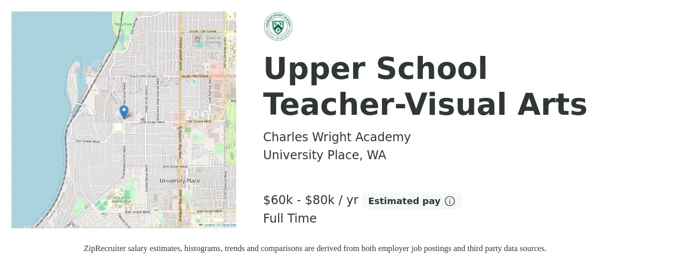 Charles Wright Academy job posting for a Upper School Teacher-Visual Arts in University Place, WA with a salary of $60,000 to $80,000 Yearly with a map of University Place location.