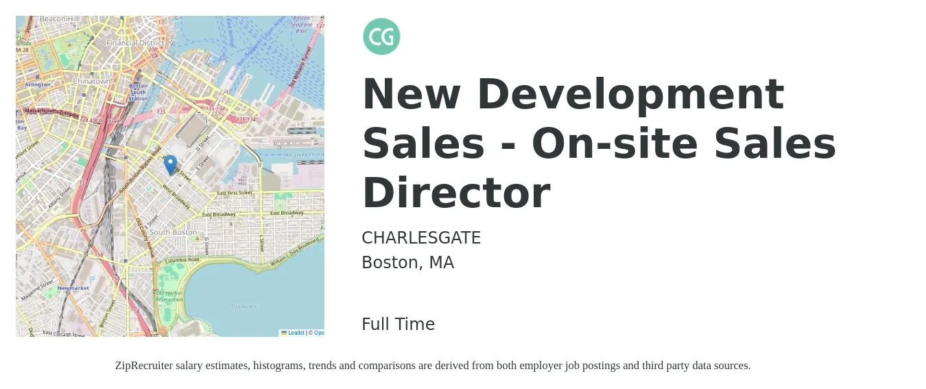 CHARLESGATE job posting for a New Development Sales - On-site Sales Director in Boston, MA with a salary of $92,600 to $167,200 Yearly with a map of Boston location.