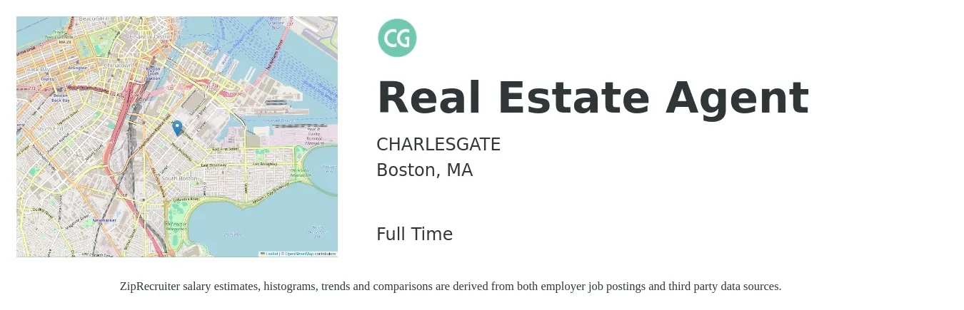 CHARLESGATE job posting for a Real Estate Agent in Boston, MA with a salary of $65,400 to $109,000 Yearly with a map of Boston location.
