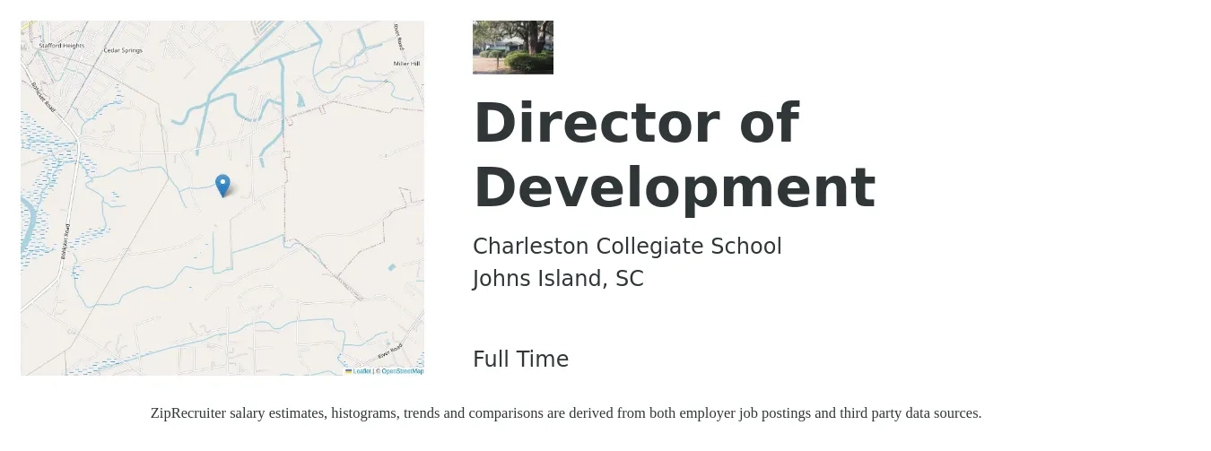 Charleston Collegiate School job posting for a Director of Development in Johns Island, SC with a salary of $67,300 to $104,300 Yearly with a map of Johns Island location.