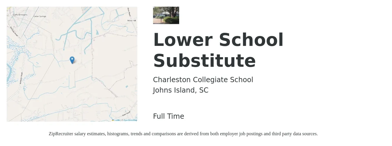 Charleston Collegiate School job posting for a Lower School Substitute in Johns Island, SC with a salary of $16 to $28 Hourly with a map of Johns Island location.