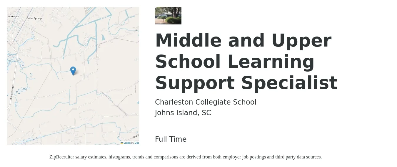 Charleston Collegiate School job posting for a Middle and Upper School Learning Support Specialist in Johns Island, SC with a salary of $32,200 to $50,000 Yearly with a map of Johns Island location.