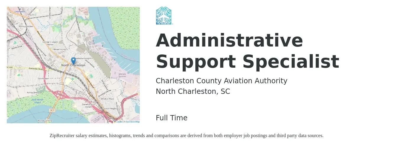 Charleston County Aviation Authority job posting for a Administrative Support Specialist in North Charleston, SC with a salary of $40,100 to $67,700 Yearly with a map of North Charleston location.
