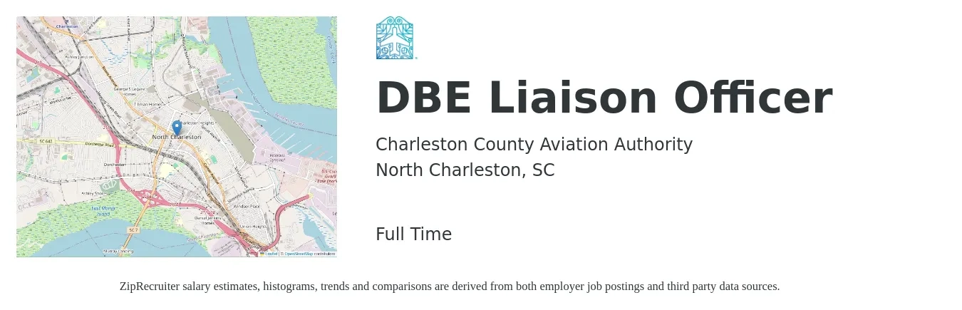 Charleston County Aviation Authority job posting for a DBE Liaison Officer in North Charleston, SC with a salary of $52,500 to $95,400 Yearly with a map of North Charleston location.