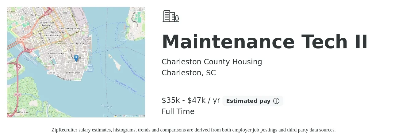 Charleston County Housing job posting for a Maintenance Tech II in Charleston, SC with a salary of $35,643 to $47,741 Yearly with a map of Charleston location.