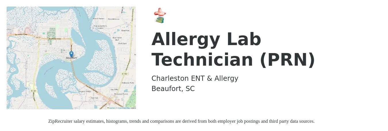 Charleston ENT & Allergy job posting for a Allergy Lab Technician (PRN) in Beaufort, SC with a salary of $17 to $23 Hourly with a map of Beaufort location.