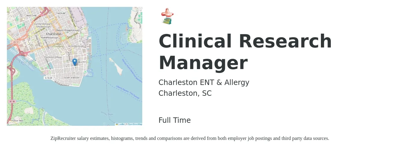 Charleston ENT & Allergy job posting for a Clinical Research Manager in Charleston, SC with a salary of $69,300 to $104,700 Yearly with a map of Charleston location.