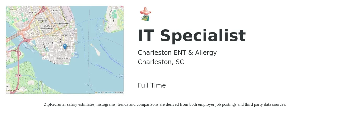 Charleston ENT & Allergy job posting for a IT Specialist in Charleston, SC with a salary of $39,800 to $95,300 Yearly with a map of Charleston location.