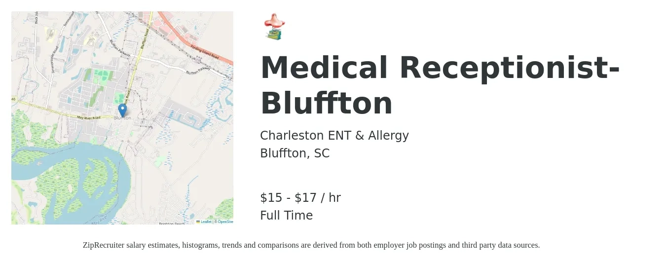 Charleston ENT & Allergy job posting for a Medical Receptionist- Bluffton in Bluffton, SC with a salary of $16 to $18 Hourly with a map of Bluffton location.