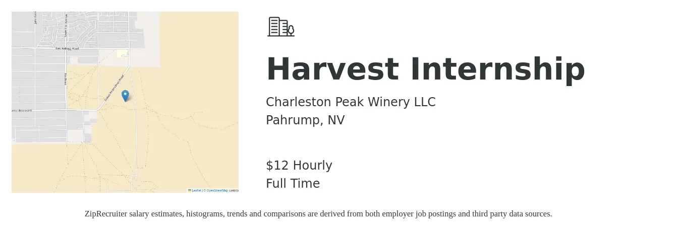 Charleston Peak Winery LLC job posting for a Harvest Internship in Pahrump, NV with a salary of $12 Hourly with a map of Pahrump location.