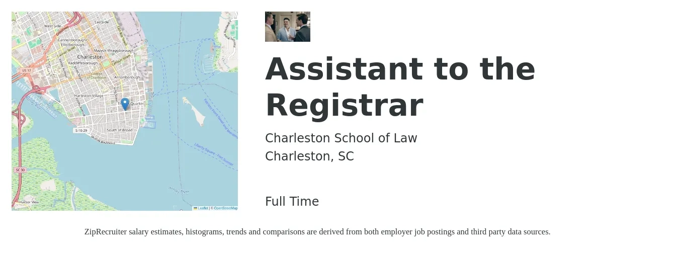 Charleston School of Law job posting for a Assistant to the Registrar in Charleston, SC with a salary of $18 to $28 Hourly with a map of Charleston location.