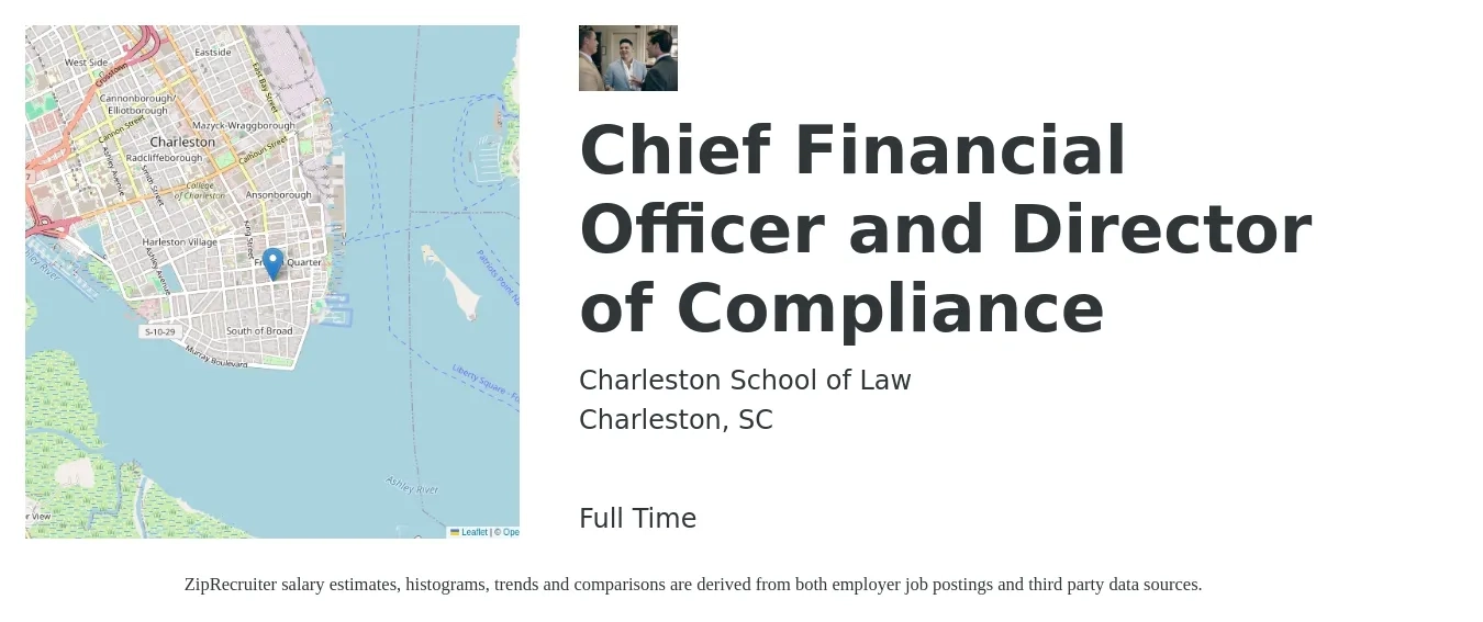 Charleston School of Law job posting for a Chief Financial Officer and Director of Compliance in Charleston, SC with a salary of $101,600 to $163,300 Yearly with a map of Charleston location.