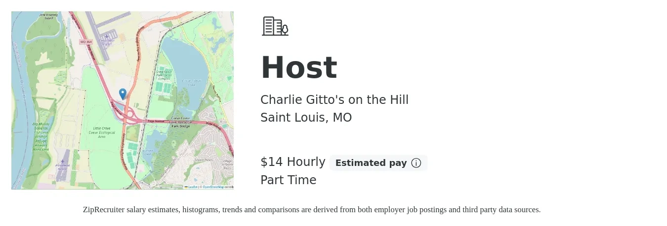 Charlie Gitto's on the Hill job posting for a Host in Saint Louis, MO with a salary of $15 Hourly with a map of Saint Louis location.