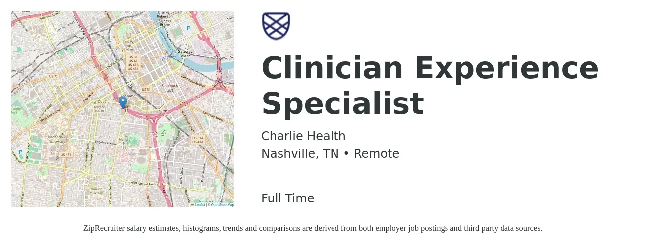 Charlie Health job posting for a Clinician Experience Specialist in Nashville, TN with a salary of $52,600 to $69,500 Yearly with a map of Nashville location.