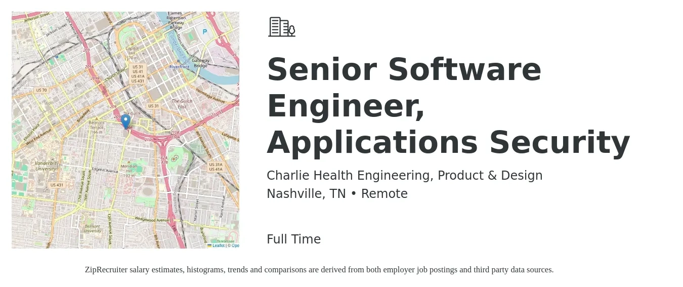 Charlie Health Engineering, Product & Design job posting for a Senior Software Engineer, Applications Security in Nashville, TN with a salary of $118,300 to $156,000 Yearly with a map of Nashville location.