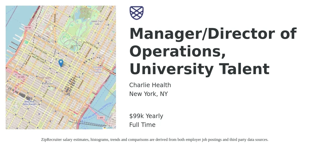 Charlie Health job posting for a Manager/Director of Operations, University Talent in New York, NY with a salary of $99,000 Yearly with a map of New York location.