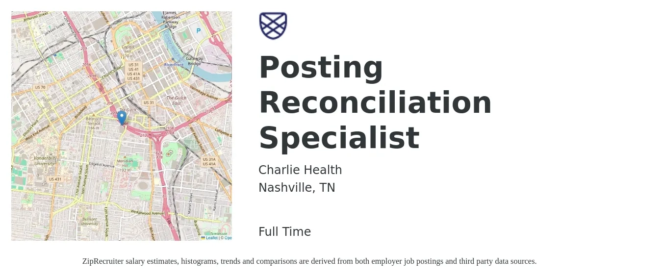 Charlie Health job posting for a Posting Reconciliation Specialist in Nashville, TN with a salary of $20 to $28 Hourly with a map of Nashville location.