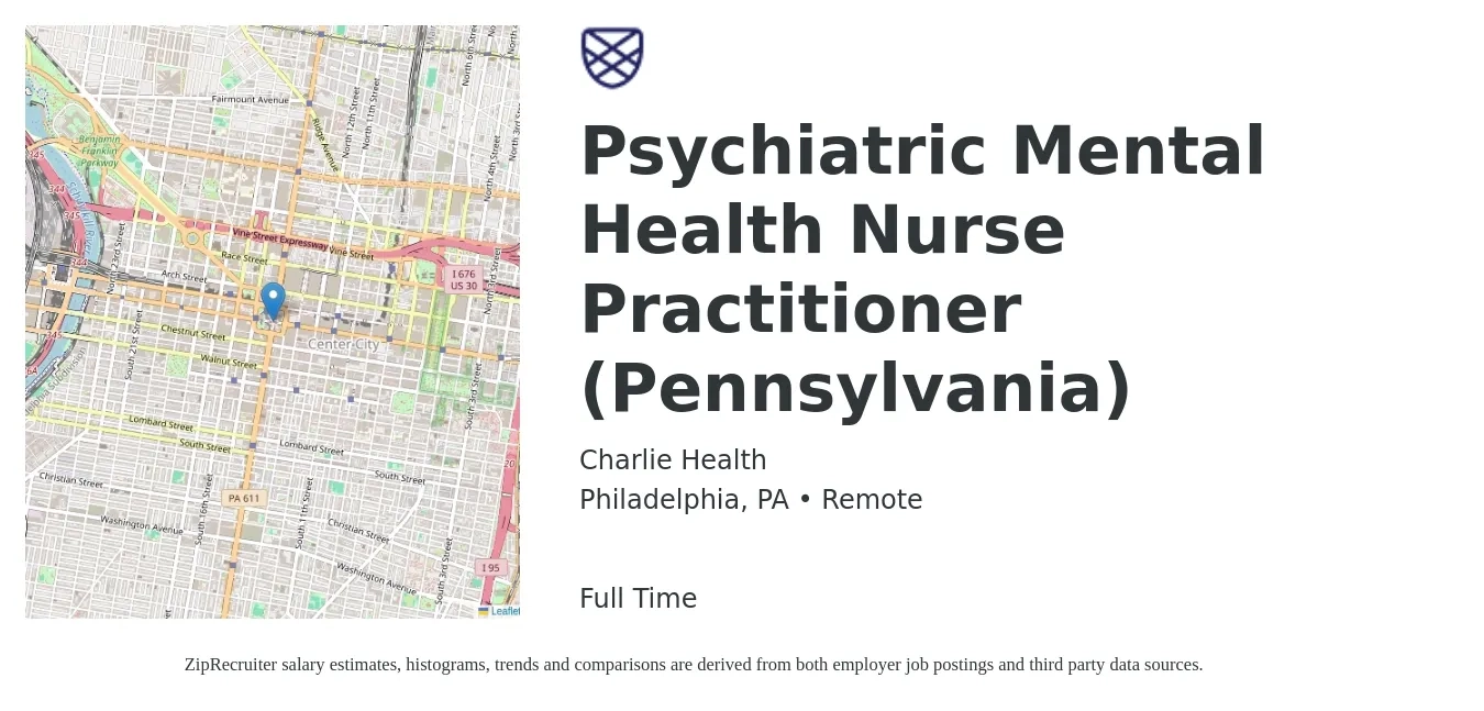 Charlie Health job posting for a Psychiatric Mental Health Nurse Practitioner (Pennsylvania) in Philadelphia, PA with a salary of $63,600 to $128,200 Yearly with a map of Philadelphia location.