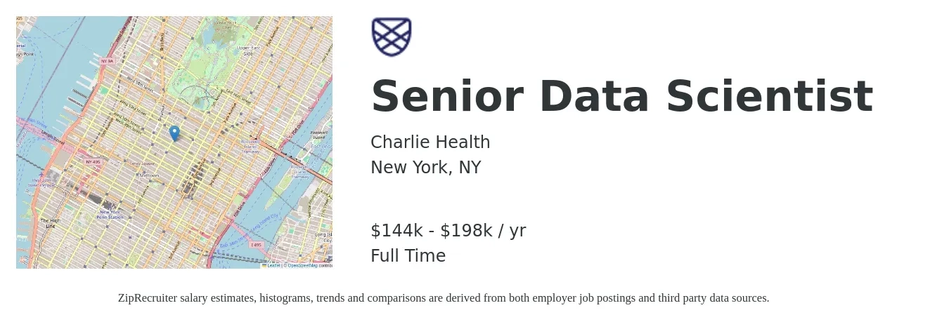 Charlie Health job posting for a Senior Data Scientist in New York, NY with a salary of $144,000 to $198,000 Yearly with a map of New York location.