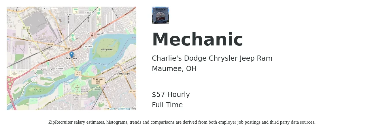 Charlie's Dodge Chrysler Jeep Ram job posting for a Mechanic in Maumee, OH with a salary of $60 Hourly with a map of Maumee location.