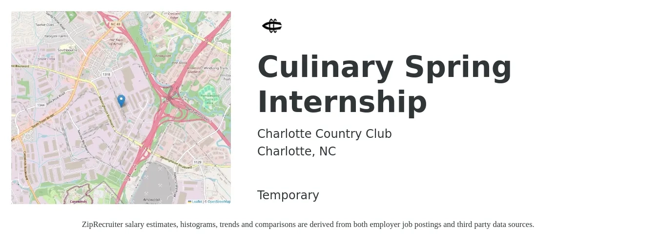 Charlotte Country Club job posting for a Culinary Spring Internship in Charlotte, NC with a salary of $14 to $18 Hourly with a map of Charlotte location.