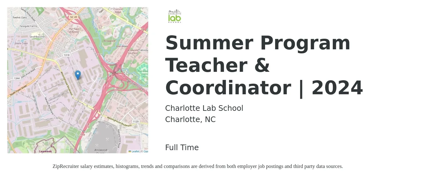 Charlotte Lab School job posting for a Summer Program Teacher & Coordinator | 2024 in Charlotte, NC with a salary of $300 Daily with a map of Charlotte location.