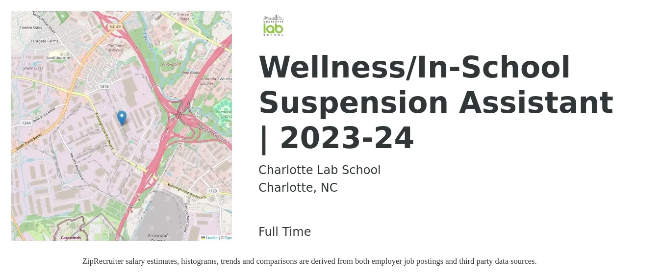 Charlotte Lab School job posting for a Wellness/In-School Suspension Assistant | 2023-24 in Charlotte, NC with a salary of $42,900 to $81,900 Yearly with a map of Charlotte location.