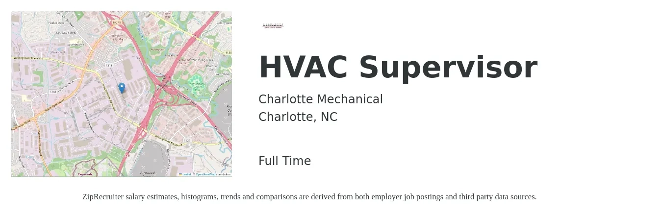 Charlotte Mechanical job posting for a HVAC Supervisor in Charlotte, NC with a salary of $54,600 to $82,300 Yearly with a map of Charlotte location.