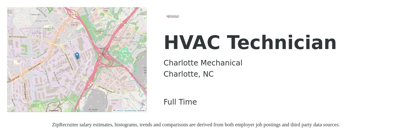 Charlotte Mechanical job posting for a HVAC Technician in Charlotte, NC with a salary of $22 to $31 Hourly with a map of Charlotte location.