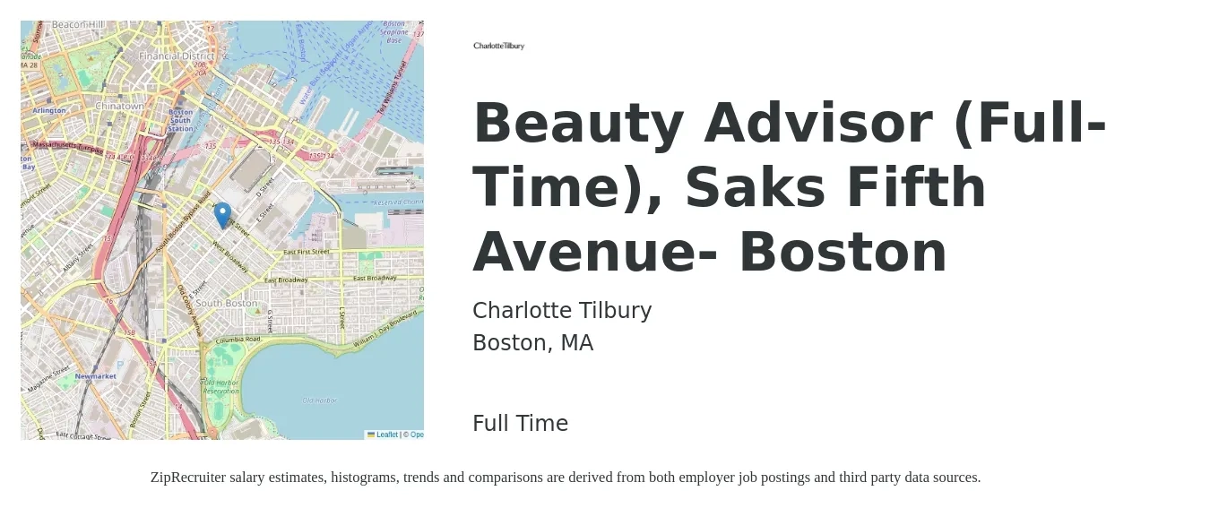 Charlotte Tilbury job posting for a Beauty Advisor (Full-Time), Saks Fifth Avenue- Boston in Boston, MA with a salary of $16 to $20 Hourly with a map of Boston location.