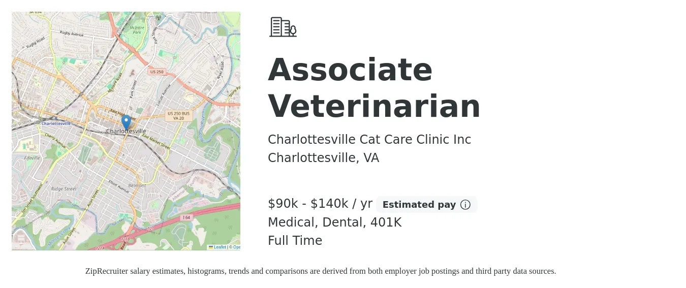 Charlottesville Cat Care Clinic Inc job posting for a Associate Veterinarian in Charlottesville, VA with a salary of $90,000 to $140,000 Yearly and benefits including dental, medical, and 401k with a map of Charlottesville location.