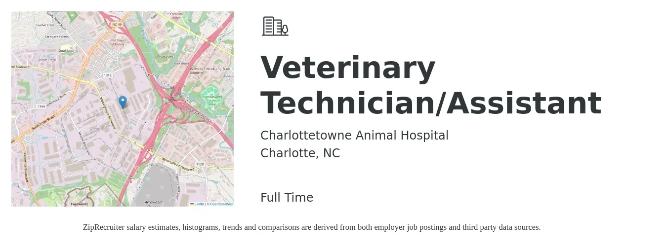 Charlottetowne Animal Hospital job posting for a Veterinary Technician/Assistant in Charlotte, NC with a salary of $16 to $20 Hourly with a map of Charlotte location.