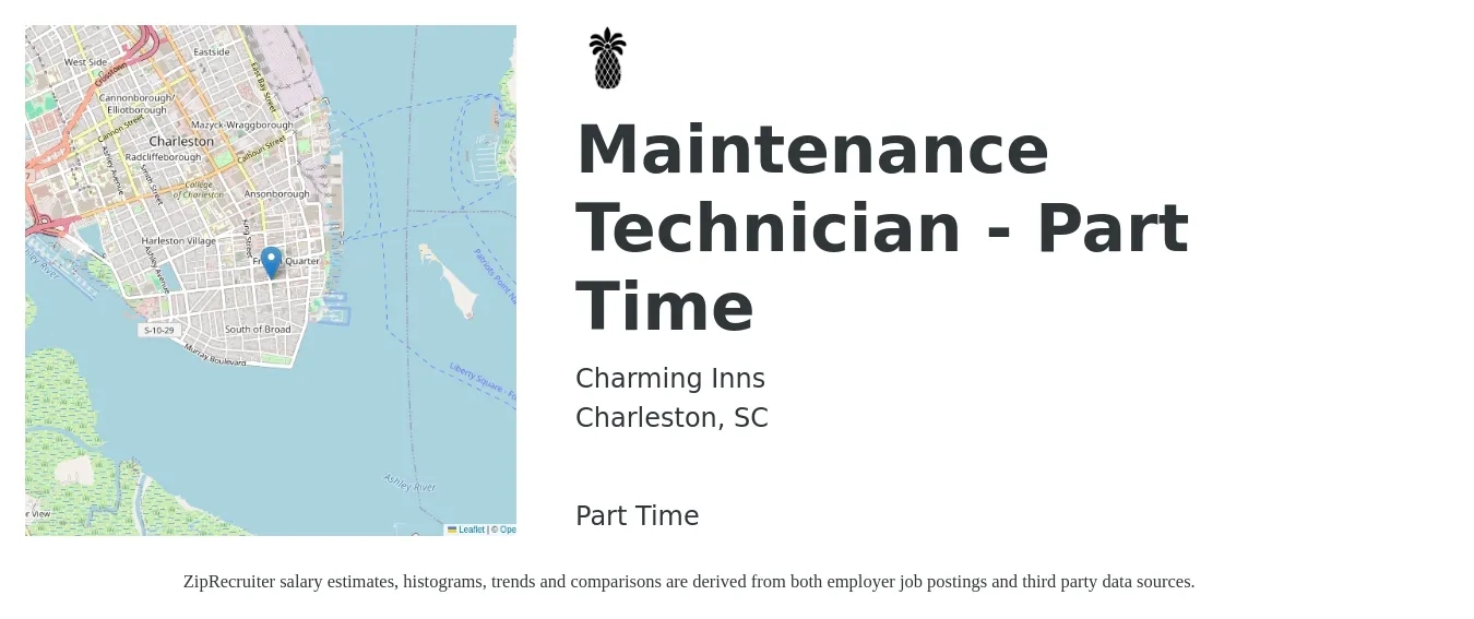 Charming Inns job posting for a Maintenance Technician - Part Time in Charleston, SC with a salary of $18 to $25 Hourly with a map of Charleston location.